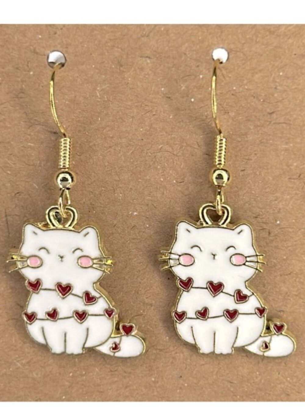 18k Gold Plated Hook Dangle Cat with Hearts Earrings Fashion Jewelry